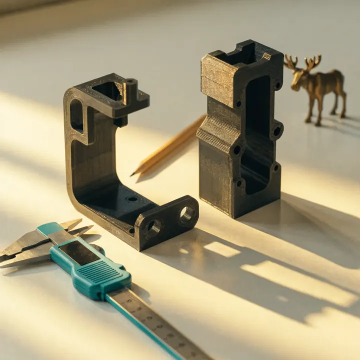 Illustrative dark 3D printed replacement brackets with calipers and a small moose figure nearby.