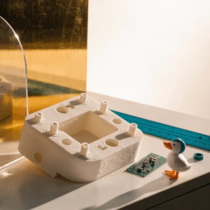 Illustrative 3D printed electronics enclosure with a small duck mascot on a warm workbench.