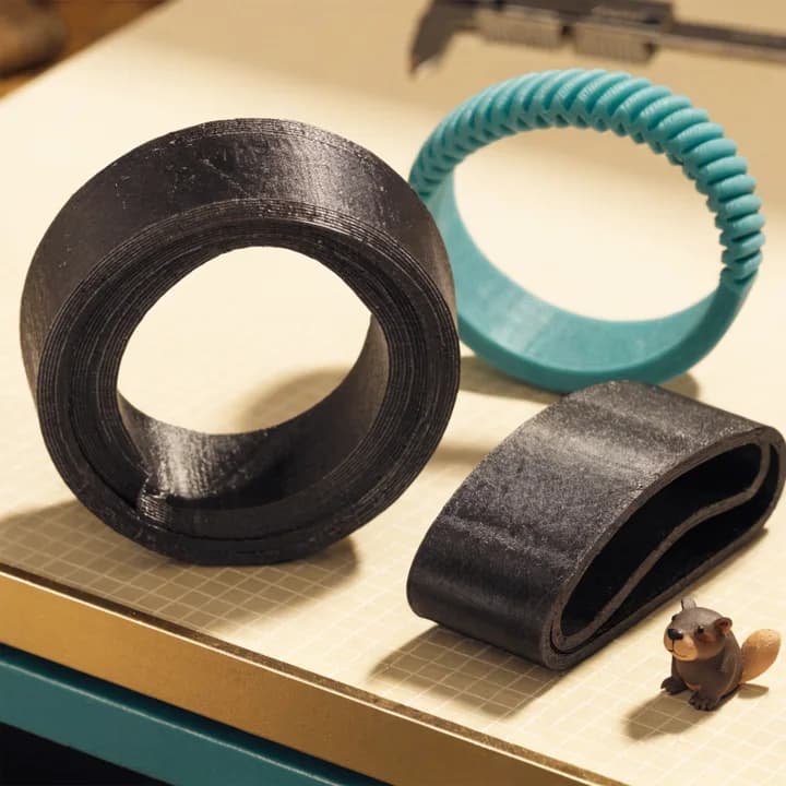 Illustrative matte TPU-style 3D printed flexible loops and strap beside a small beaver mascot.