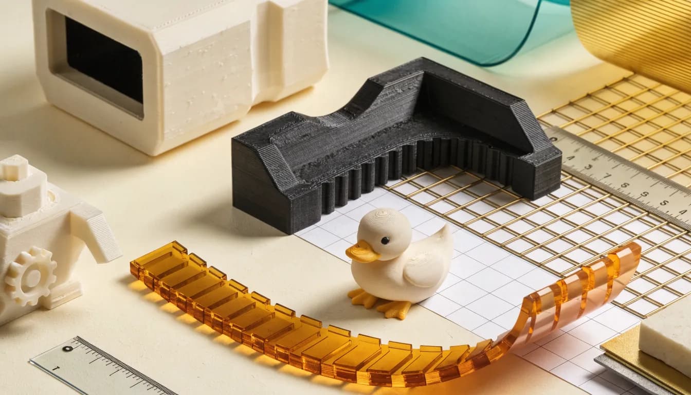 Illustrative 3D printed parts, calipers, and material samples on a workbench for quote review.