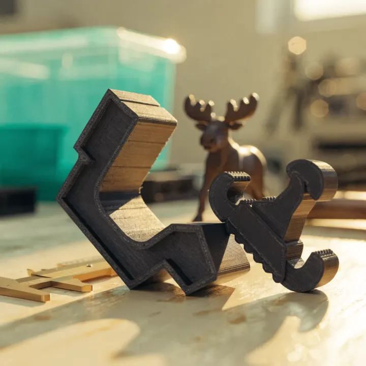 Illustrative dark PETG-style 3D printed functional parts with a small moose figure.