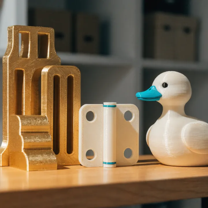 Illustrative PLA-style 3D printed sample parts and a small duck mascot.
