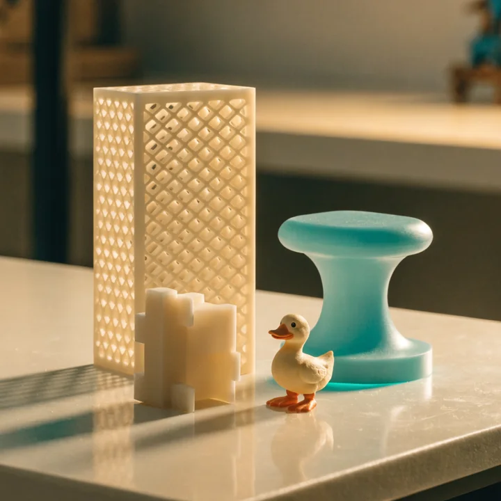 Illustrative fine-detail resin-style 3D printed decorative prototypes with a small duck mascot.