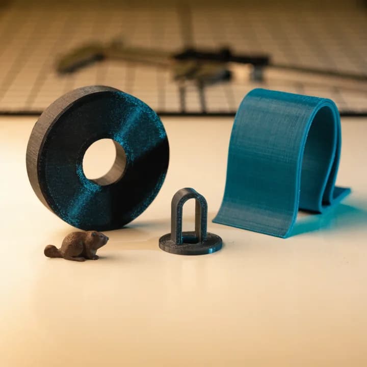 Illustrative matte TPU-style 3D printed flexible loops and strap with a small beaver mascot.